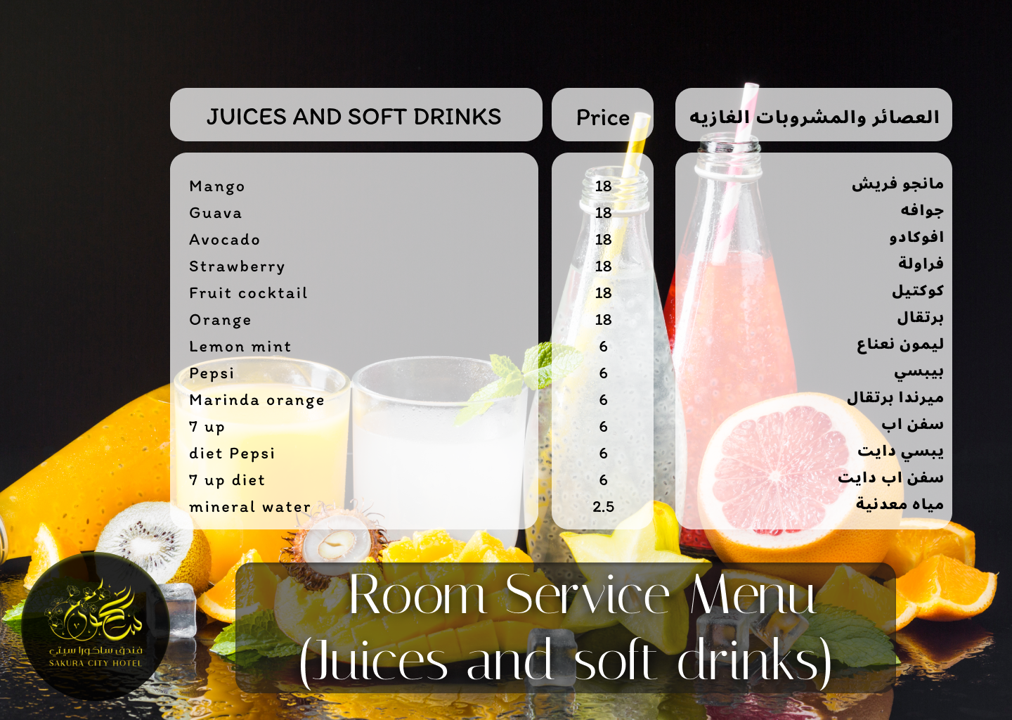 Room Service Menu (Juices and soft drinks)